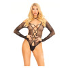 Leg Avenue Rhinestone Fishnet Crotchless Teddy with Lace Up Front Detail and Crossover Halter - O/S - Black